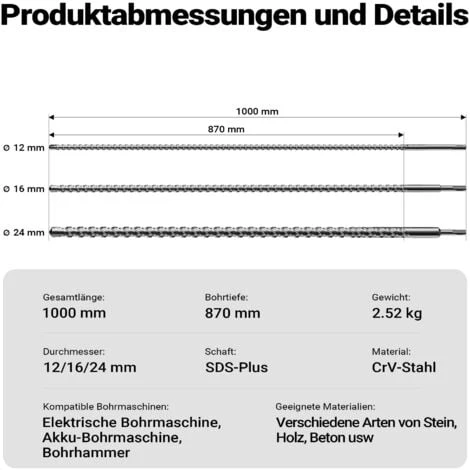 Punte Per Trapano Demolitore SDS 3 Pezzi 870 Mm Punte ø 12/ 16/ 24 Mm Trapano A Percussione 3 Punte Per Trapano Demolitore SDS 3 Pezzi 870 Mm Punte ø 12/ 16/ 24 Mm Trapano A Percussione - immagine 3