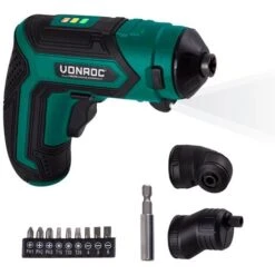 VONROC Avvitatore A Batteria Ioni Di Litio 4V. Set Con Una Batteria, Caricabatterie, Portapunte, 9 Viti E Sacca Portautensili