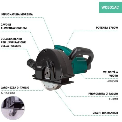 VONROC Scanalatrice Da Muro 1700W-150mm. Include 2 Dischi Diamantati E Sacca Portautensili 5 VONROC Scanalatrice Da Muro 1700W-150mm. Include 2 Dischi Diamantati E Sacca Portautensili - immagine 5