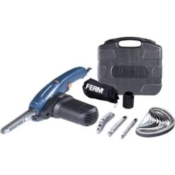 FERM Lima A Nastro Di Precisione 400W Incl. Braccio Largo 13mm, Braccio Stretto 8mm, Braccio Angolato 13mm E 12 Nastri Abrasivi