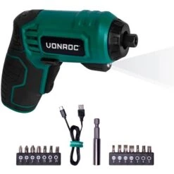 VONROC Avvitatore A Batteria 4V. Include Set Da 14 Punte, Cavo Di Ricarica USB-C E Custodia