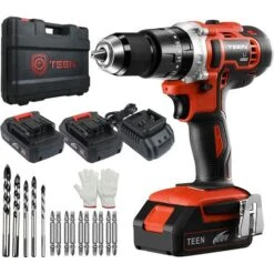 Trapano A Percussione, Trapano Avvitatore A Batteria TEENO, 20 V, 2 Batterie Da 2,0 Ah, 45 Nm, 20+3 Impostazioni Di Coppia E 2 Velocità,Guanti
