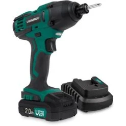 VONROC Avvitatore A Impulsi VPower 20V 150Nm. Incl. 1 Batteria 2.0Ah E Caricabatteria Rapido. Con 2 Punte, Supporti E Sacca Portautensili