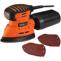 TACKLIFE Levigatrice Mouse Multifunzione, 130W, 12000 RPM, 12 * 140X140X80mm Carte Abrasive Inclusi(6 * 80 Graniglie, 6 * 180 Graniglie), Raccolta Della Polvere, Allacciamento Aspiratore PMS01A
