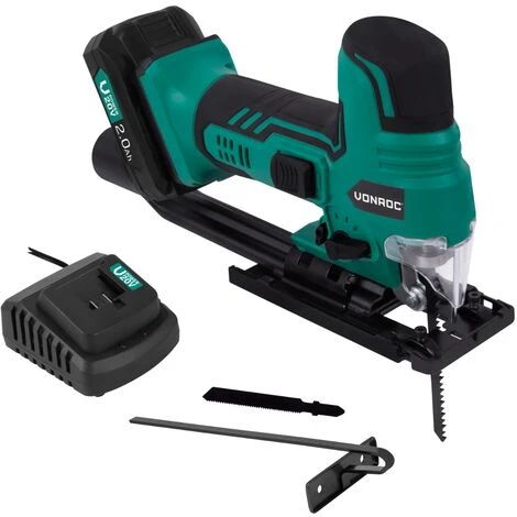 VONROC Seghetto Alternativo VPower 20V. Impugnatura Ergonomica A Staffa. Velocità E Angolo Di Taglio Regolabili. Incl. Una Batteria 2.0Ah, Caricabatterie E 2 Lame 1 VONROC Seghetto Alternativo VPower 20V. Impugnatura Ergonomica A Staffa. Velocità E Angolo Di Taglio Regolabili. Incl. Una Batteria 2.0Ah, Caricabatterie E 2 Lame