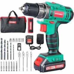 HYCHIKA Trapano Avvitatore Batteria 12V, Batteria 2 Velocità 30N .m Mas, 4x Punte Piatte, 6x Punte Elicoidali, 6x Pezzi Di Viti, 5x Chiavi A Hussola E Custodia, Multicolore