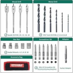 HYCHIKA Trapano Avvitatore Batteria 12V, Batteria 2 Velocità 30N .m Mas, 4x Punte Piatte, 6x Punte Elicoidali, 6x Pezzi Di Viti, 5x Chiavi A Hussola E Custodia, Multicolore -Makitae Outlet 67555092 3