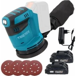 Levigatrice Orbitale Wireless, Levigatrice Elettrica Casuale Compatibile Con Batteria Makita 18V, Con Carta Vetrata Da 125 Mm 4 Pezzi 2 Batterie E Caricabatterie Da 3000 MAh, Per Levigatura Della Luci