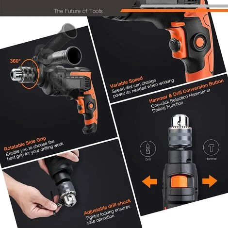 TACKLIFE Trapano A Percussione, 850 W, 3000 RPM, Trapano Elettrico Con Vari Accessori E Valigetta Portatile, Martello Trapano 2 Funzioni In 1, Impugnatura Girevole A 360°-PID03B 4 TACKLIFE Trapano A Percussione, 850 W, 3000 RPM, Trapano Elettrico Con Vari Accessori E Valigetta Portatile, Martello Trapano 2 Funzioni In 1, Impugnatura Girevole A 360°-PID03B - immagine 4