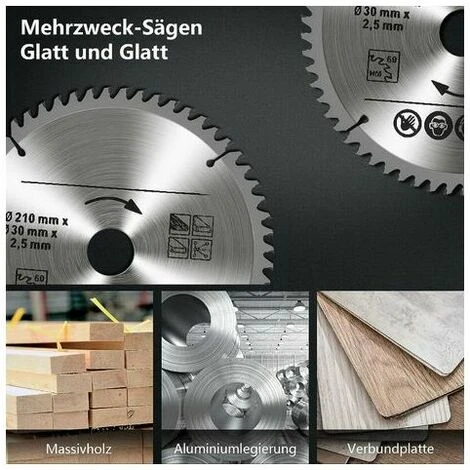 Set Di 3 Lame Per Sega Circolare In Carburo Di Tungsteno, 24T 48T 60T TCT Sah Per Legno Metallo E Alluminio (210 X 30 Mm) 2 Set Di 3 Lame Per Sega Circolare In Carburo Di Tungsteno, 24T 48T 60T TCT Sah Per Legno Metallo E Alluminio (210 X 30 Mm) - immagine 2