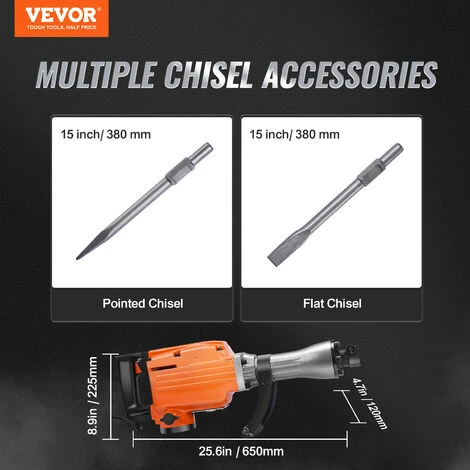 VEVOR Martello Demolitore Per Calcestruzzo 2200W 2 Punte A Scalpello Per 1400BPM, Kit Di Martello Demolitore Elettrico 220V Per Lavorazione Su Cemento Mattoni Piastrelle Demolizione Per Muro 66J 2200W 2 VEVOR Martello Demolitore Per Calcestruzzo 2200W 2 Punte A Scalpello Per 1400BPM, Kit Di Martello Demolitore Elettrico 220V Per Lavorazione Su Cemento Mattoni Piastrelle Demolizione Per Muro 66J 2200W - immagine 2